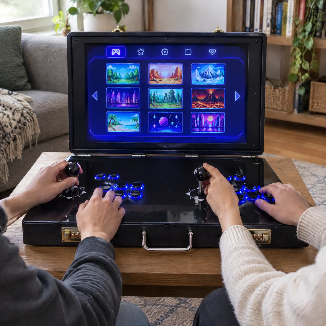 Deux joueurs sur la mini borne d'arcade valise V21 posée sur une table basse