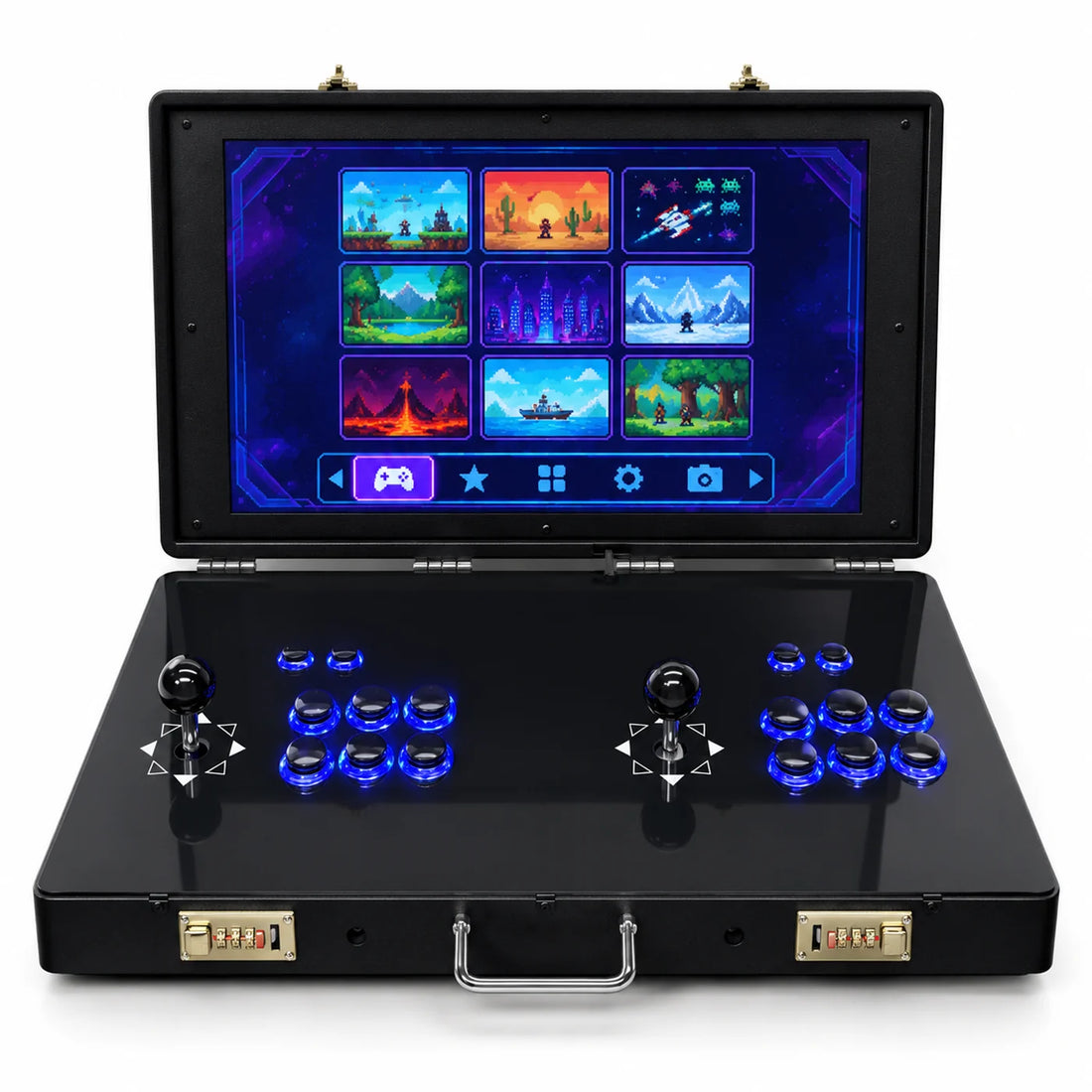 Mini borne d'arcade V21 vue de face : écran 21 pouces, cadenas à code laiton et poignée chrome