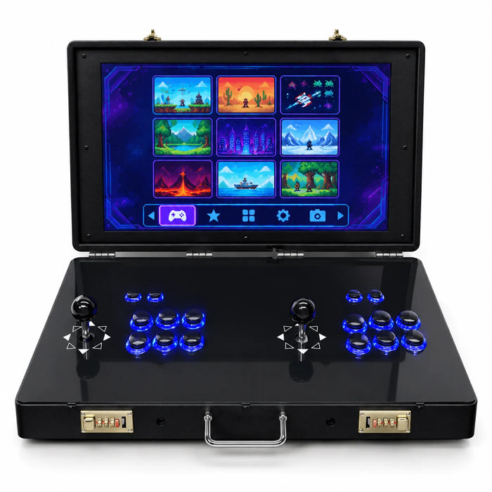 Mini borne d'arcade V21 vue de face : écran 21 pouces, cadenas à code laiton et poignée chrome