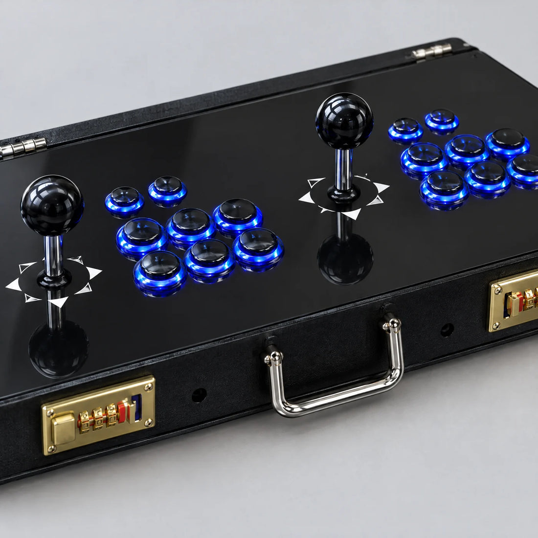 Gros plan sur les joysticks et les boutons à anneau LED bleu de la mini borne d'arcade V21