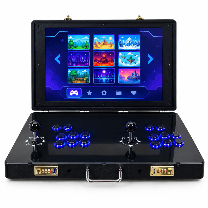 Mini borne d'arcade valise V21 ouverte, écran 21 pouces, deux joysticks à boule et boutons à anneau LED bleu, fond blanc