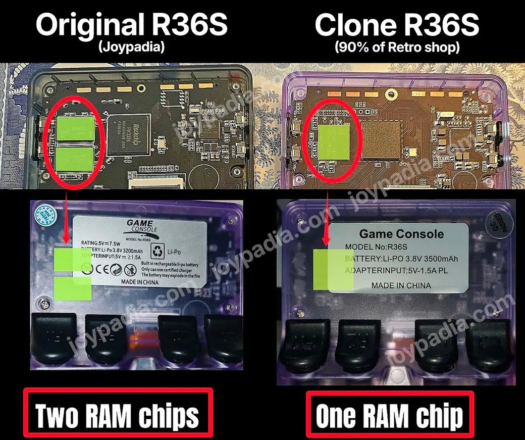 Comparatif R36S d'origine avec deux puces de mémoire vive et clone R36S avec une seule puce